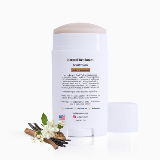 Tallowbourn deodorant application closeup shows smooth glide suitable for sensitive skin.