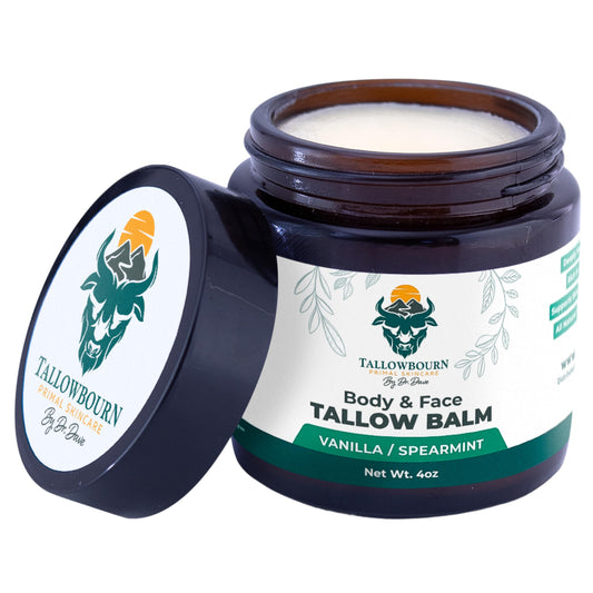 Tallowbourn grass-fed balm packaging highlights clean ingredients and premium skincare.