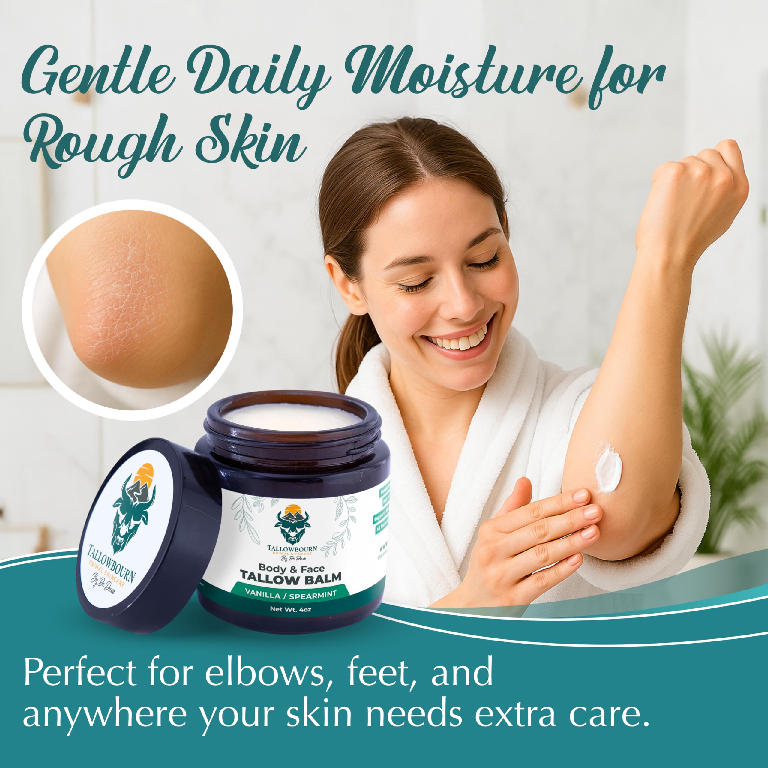 Tallowbourn balm on a hydrated forearm showing soft glow.
