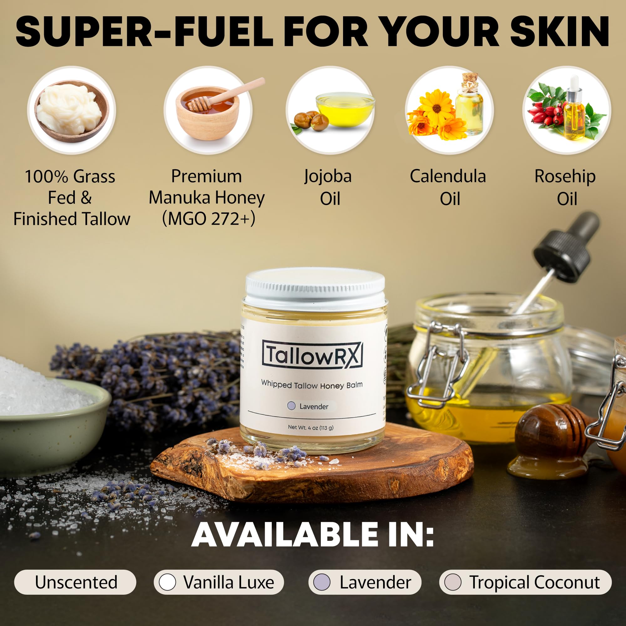 TALLOWRX Manuka honey calendula ingredients emphasize soothing care.