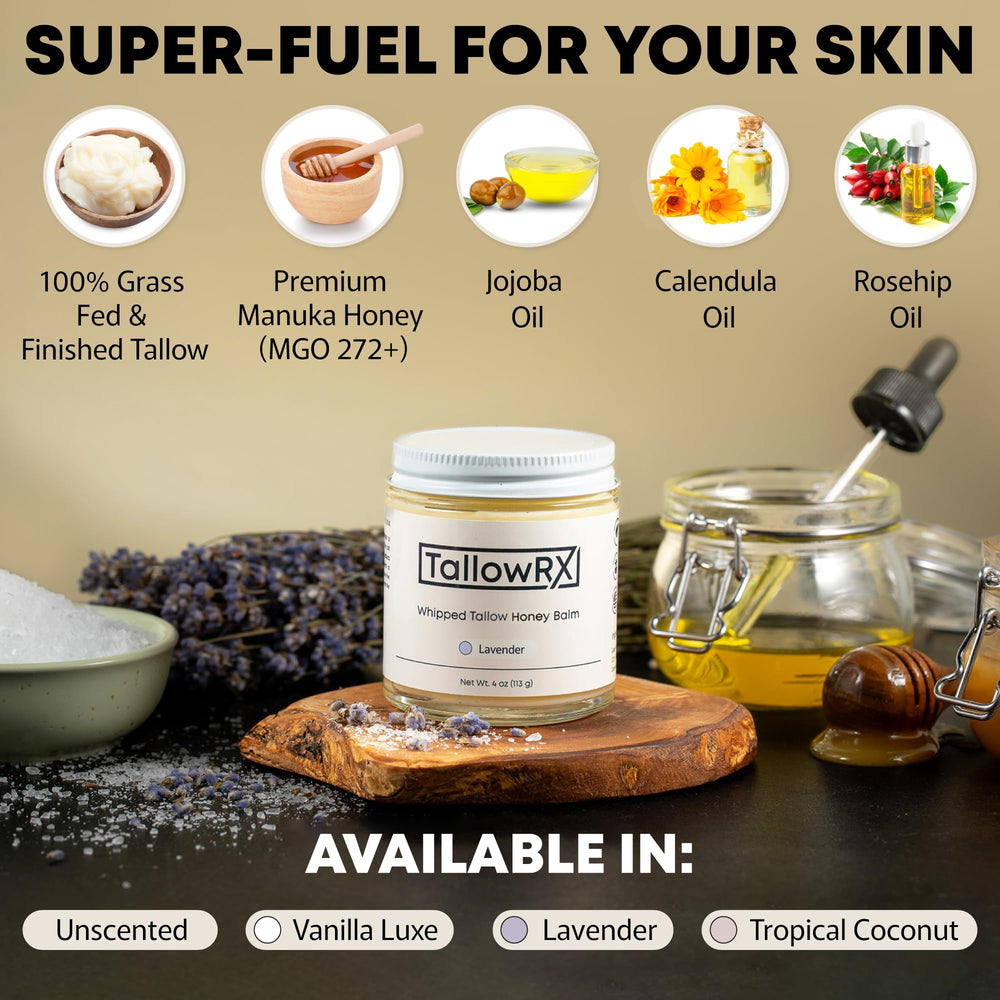 TALLOWRX Manuka honey calendula ingredients emphasize soothing care.