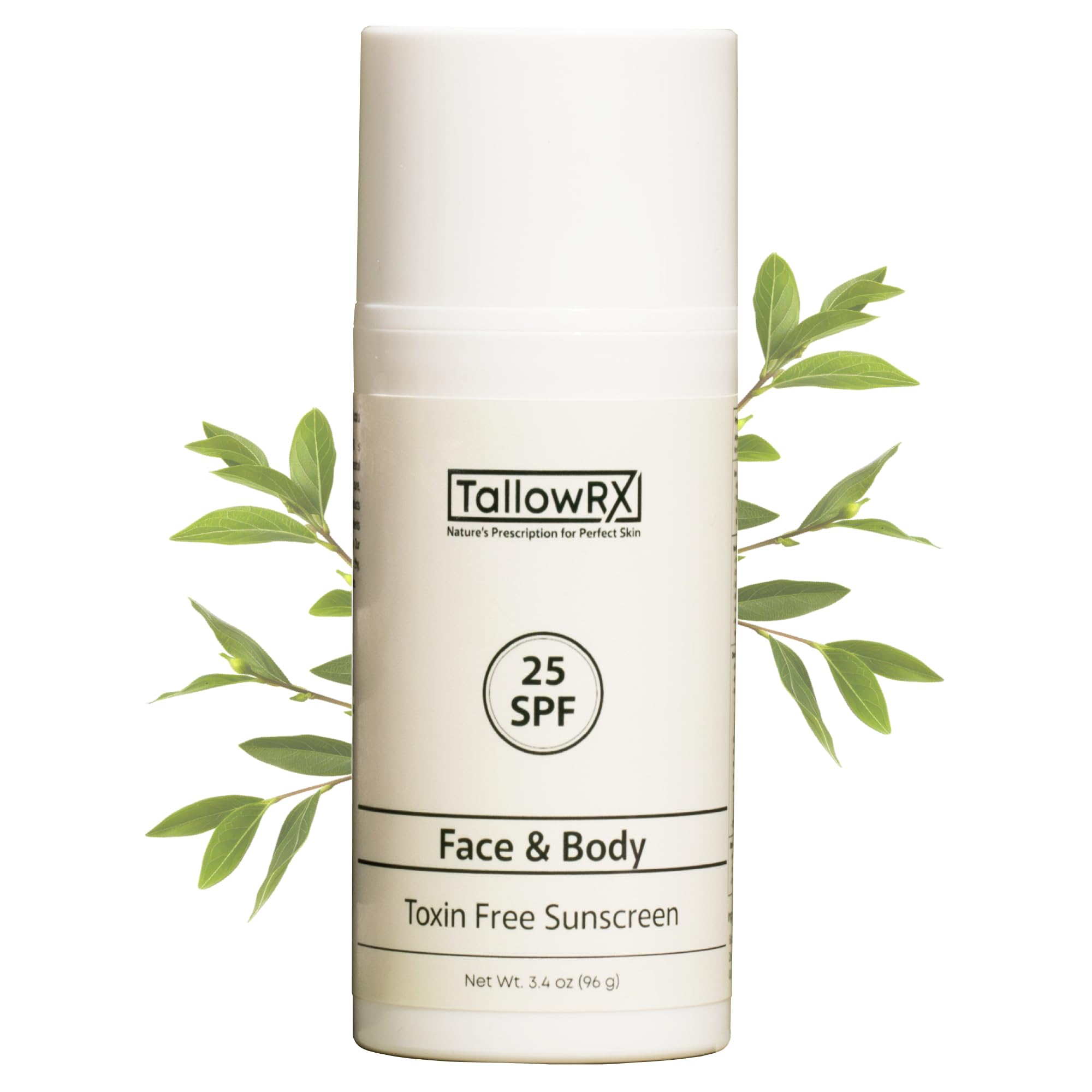 TALLOWRX SPF25 mineral sunscreen bottle shows reef-safe protection for daily use.