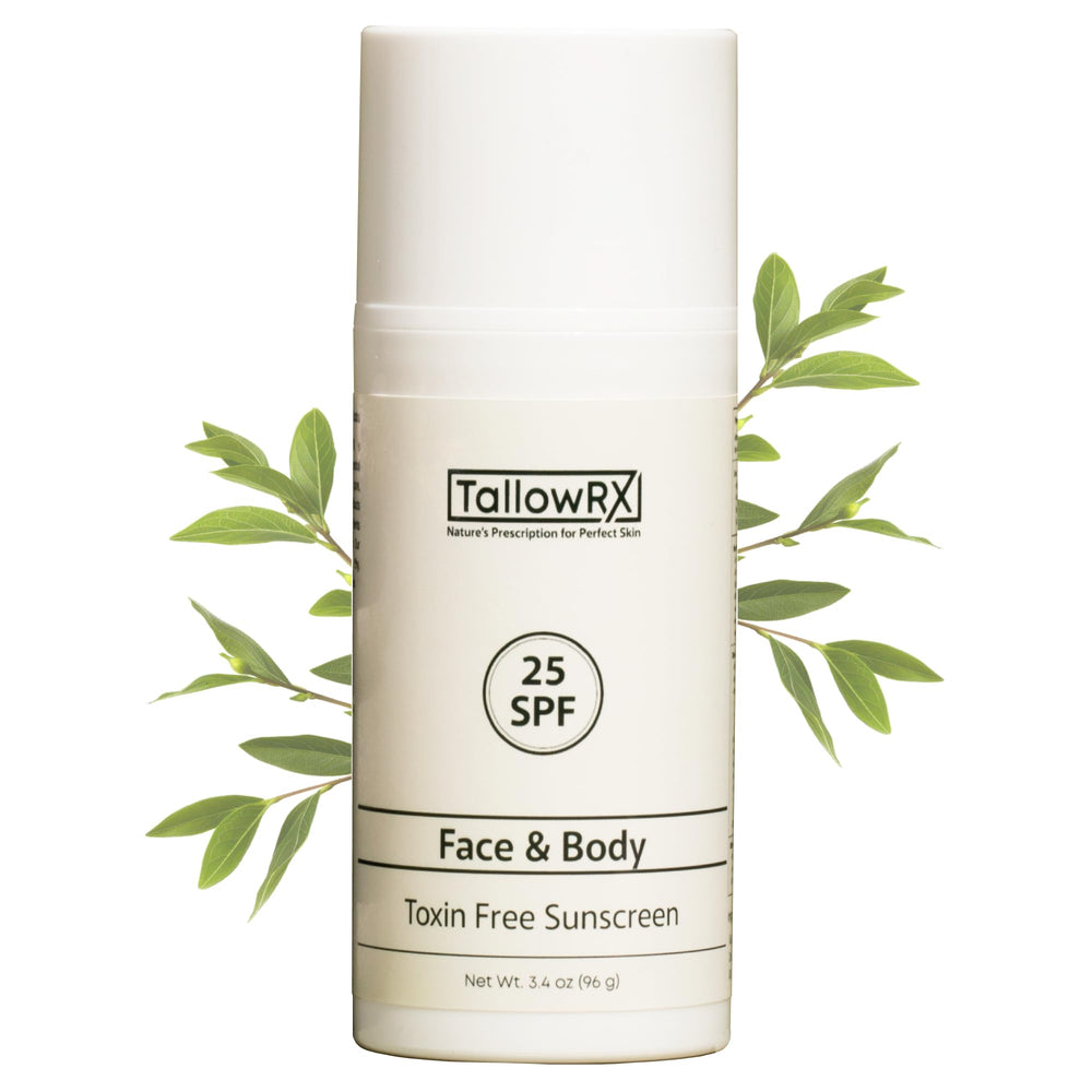 TALLOWRX SPF25 mineral sunscreen bottle shows reef-safe protection for daily use.