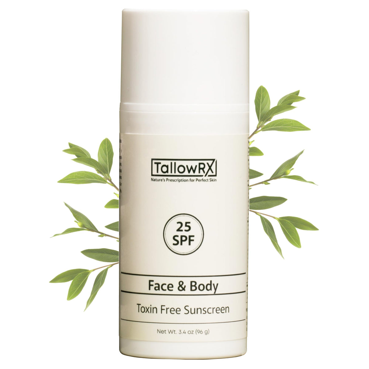 TALLOWRX SPF25 mineral sunscreen bottle shows reef-safe protection for daily use.