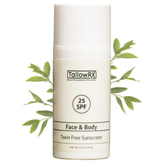 TALLOWRX SPF25 mineral sunscreen bottle shows reef-safe protection for daily use.