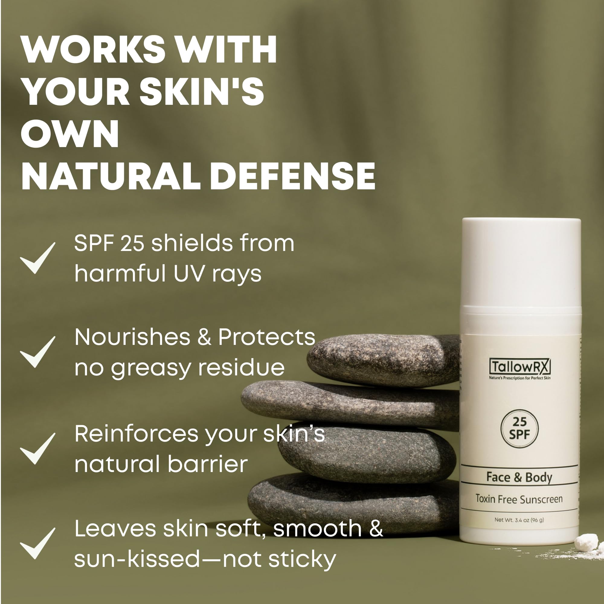 TALLOWRX vitamin E boost detail suggests soothing, nourished skin during sun exposure.