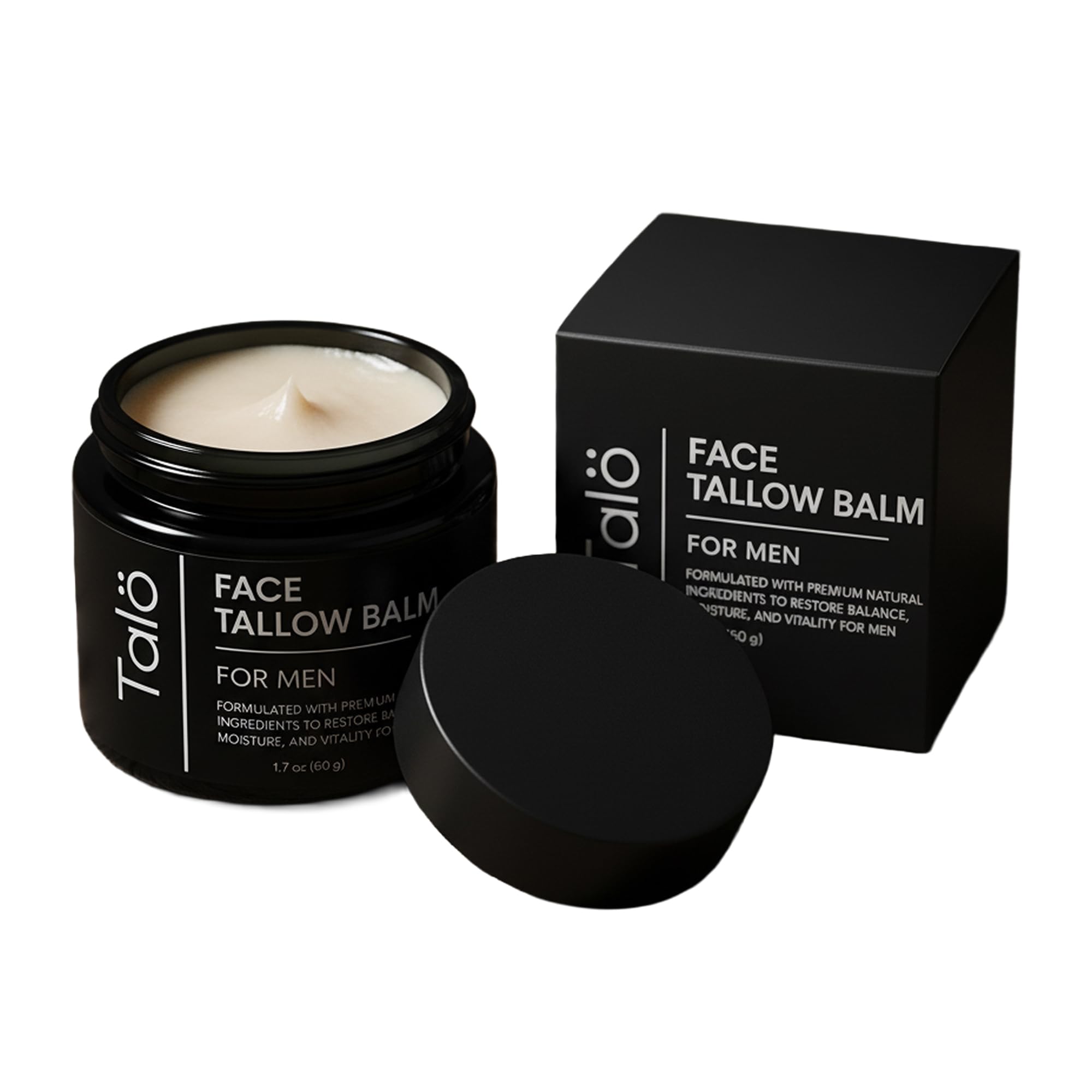 TALÖ Beef Tallow Moisturizer jar cap close-up showing minimalist masculine packaging