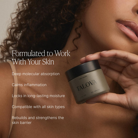 TALOVA balm application close-up showing smooth glide on skin