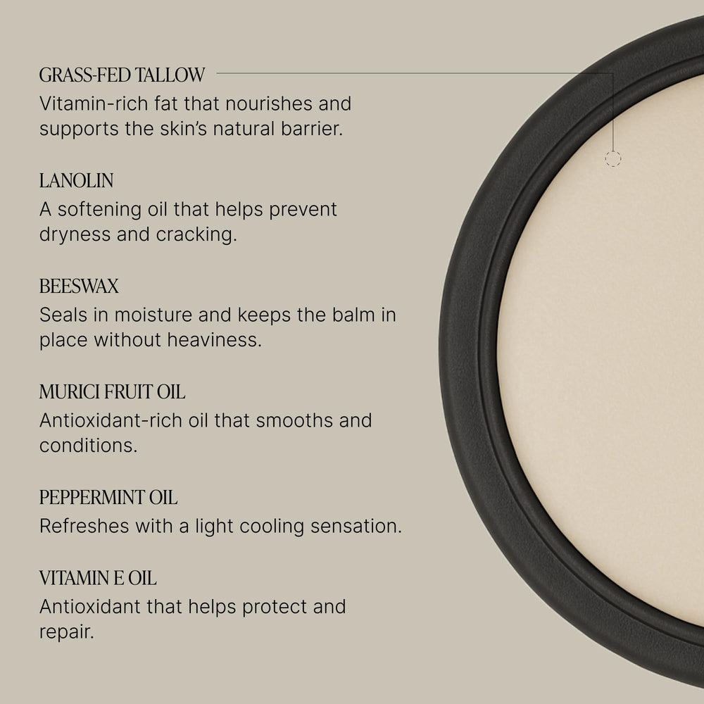 TALOVA peppermint lip balm closeup highlights rich tallow texture for nourishment