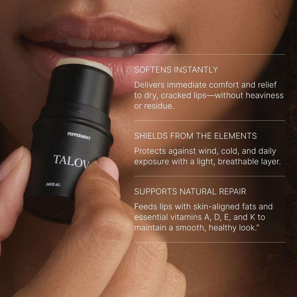TALOVA peppermint lip balm on lips delivers instant cooling and moisture