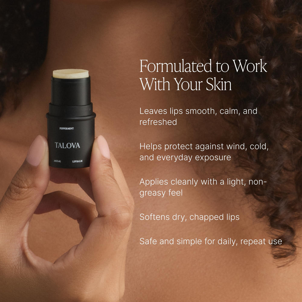 TALOVA peppermint lip balm application demonstrates a smooth, non-waxy glide