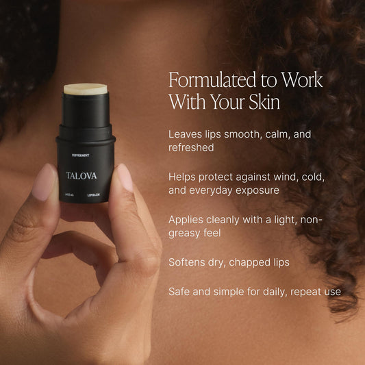 TALOVA peppermint lip balm application demonstrates a smooth, non-waxy glide