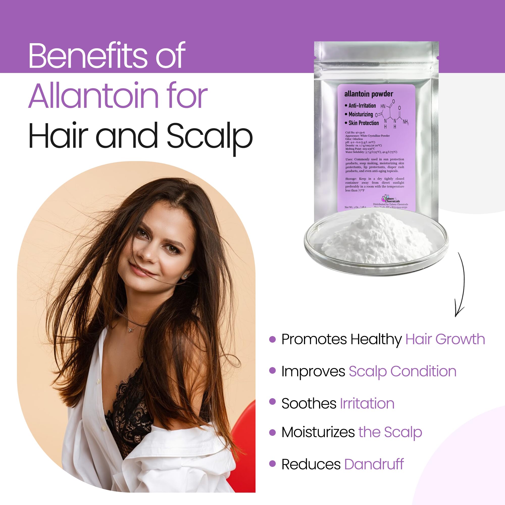 Talsen Allantoin powder packaging, cosmetic grade quality for DIY formulas.