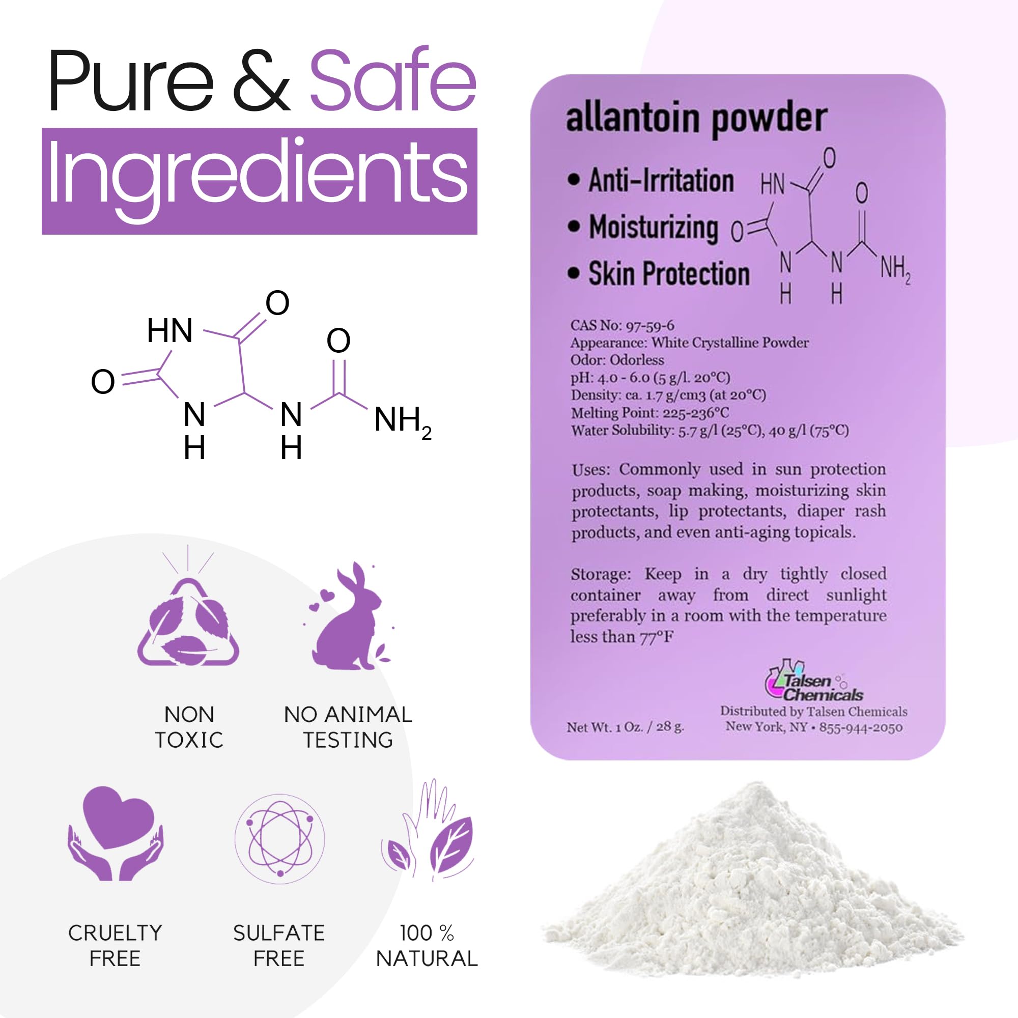 Allantoin powder label showing 2 oz pack for home cosmetics.