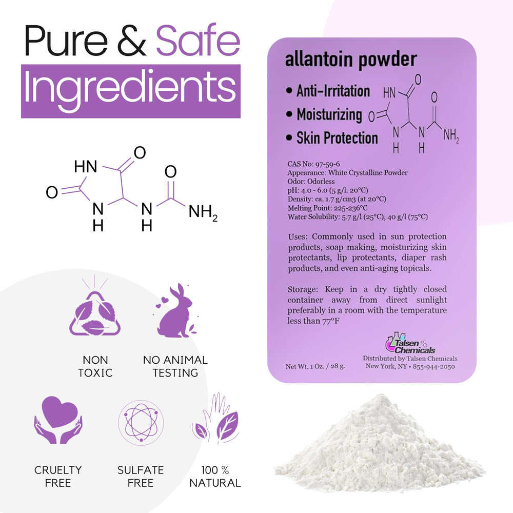 Allantoin powder label showing 2 oz pack for home cosmetics.