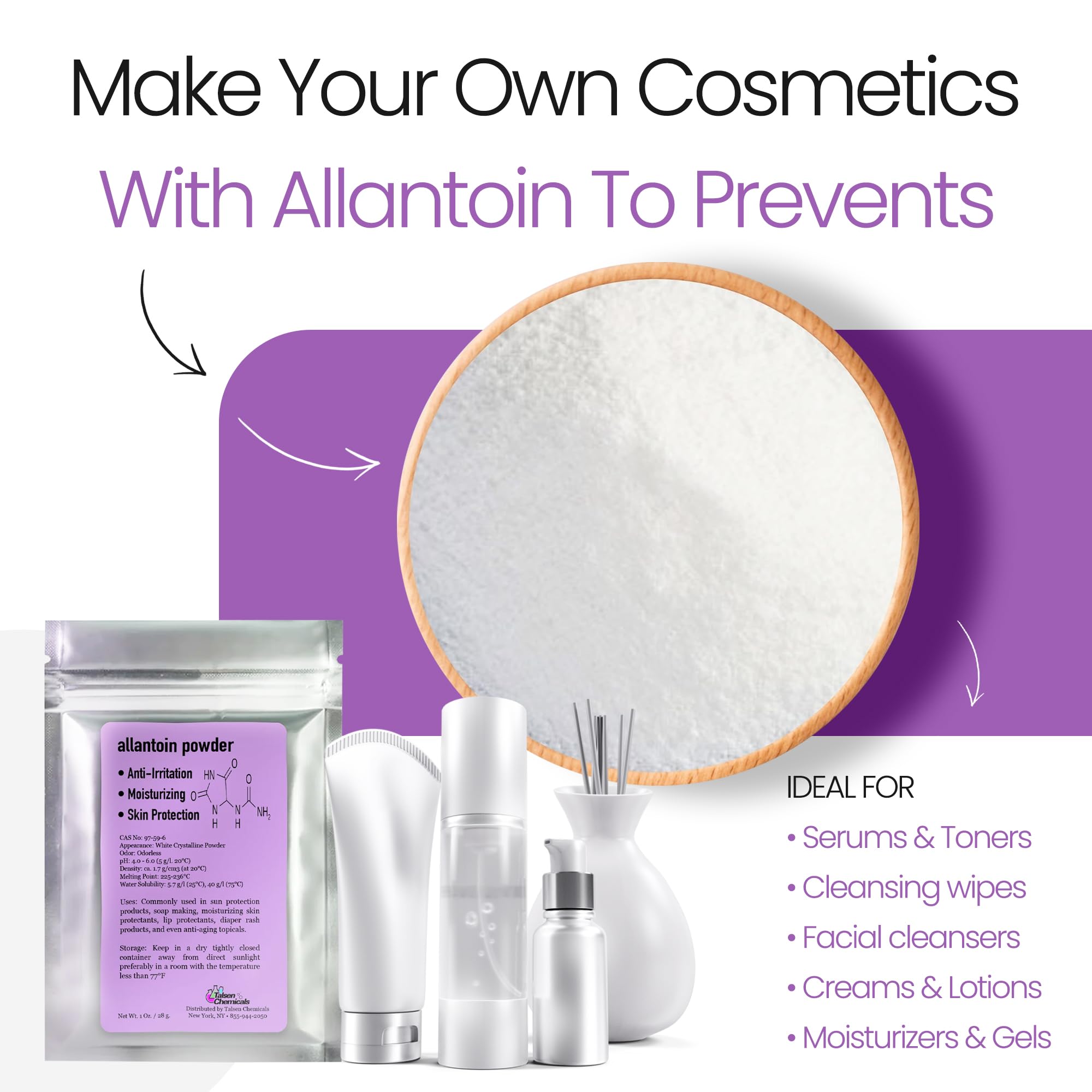 Cream-making setup with allantoin powder to hydrate skin.