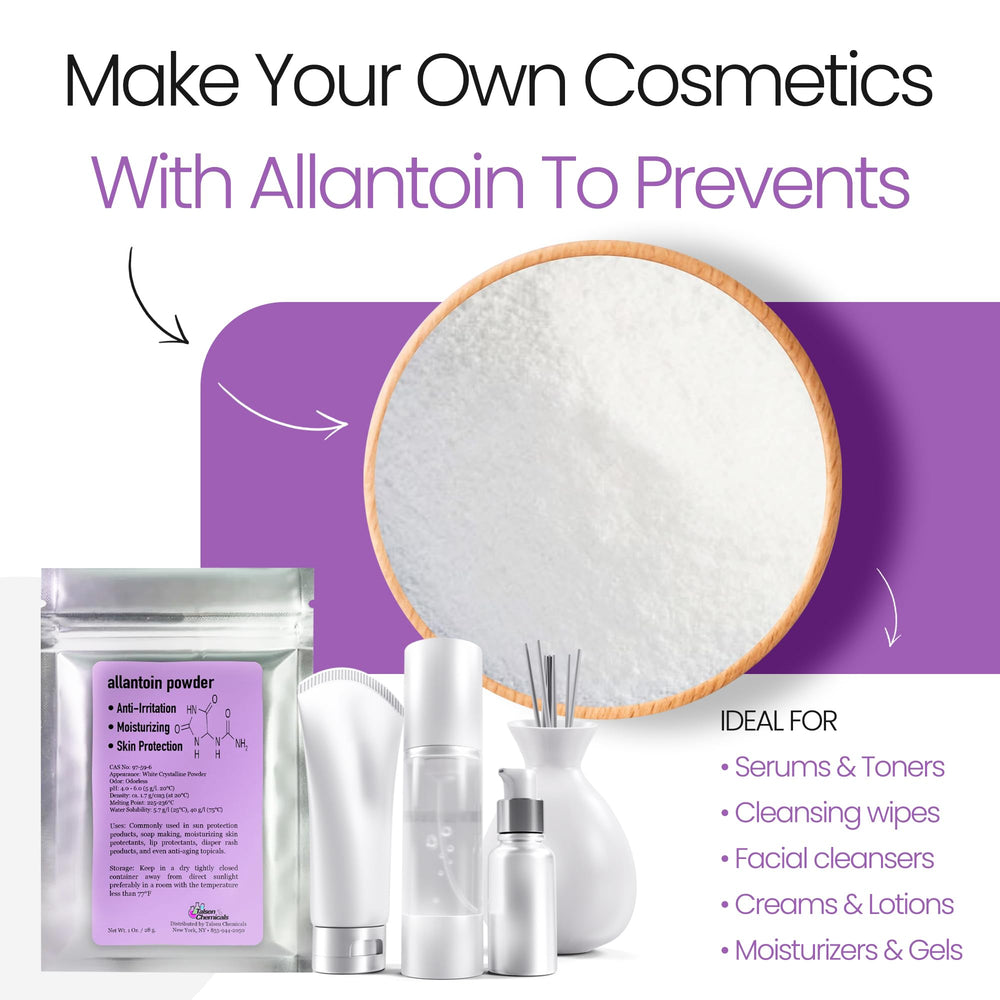 Cream-making setup with allantoin powder to hydrate skin.