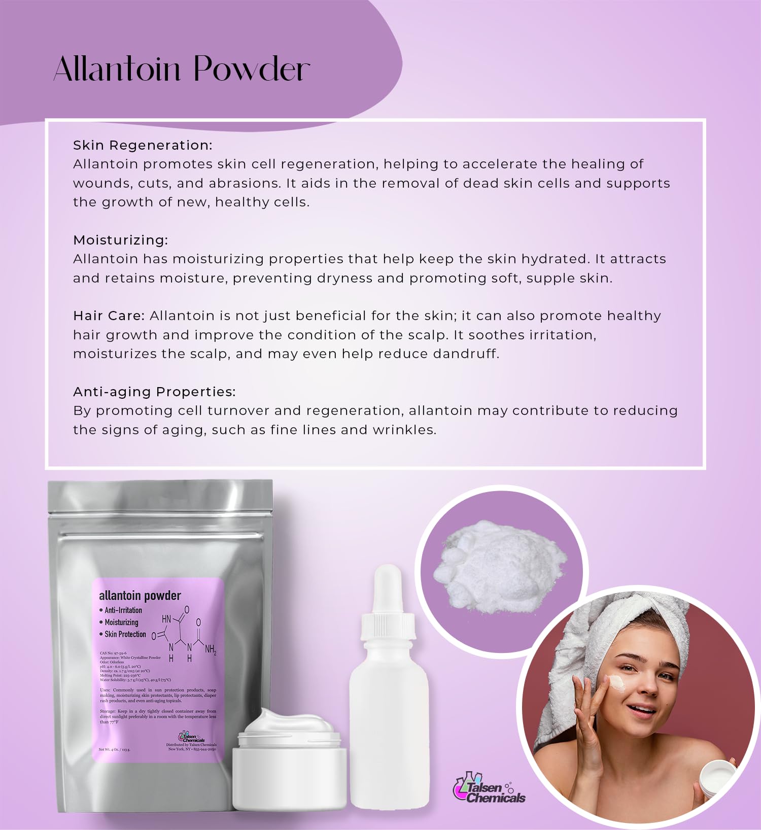 Talsen logo with allantoin powder, perfect for skincare projects.