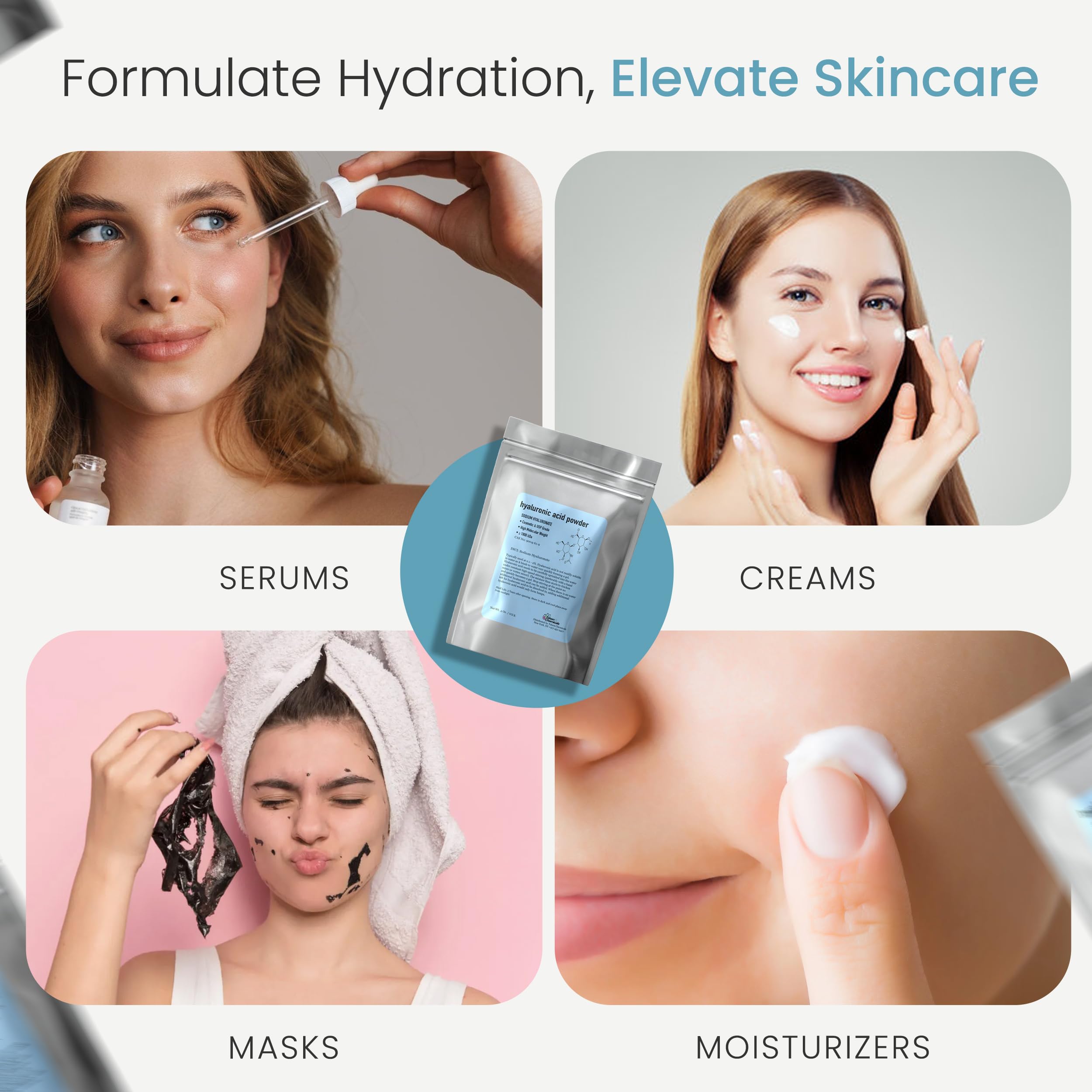 Talsen Chemicals Hyaluronic Acid Powder used in DIY serum mixing for lasting hydration