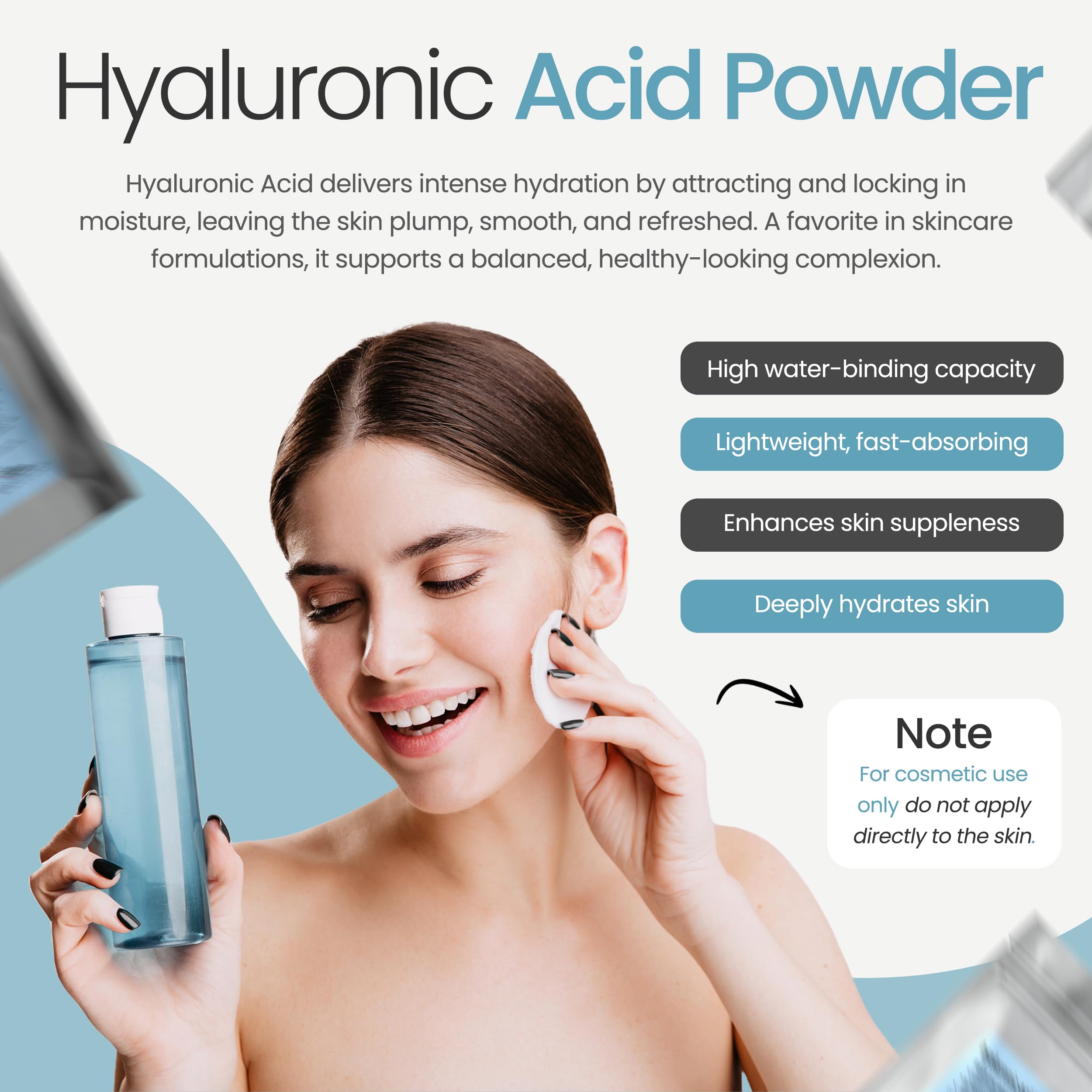 Talsen Chemicals Hyaluronic Acid Powder packaging highlighting cosmetic grade quality