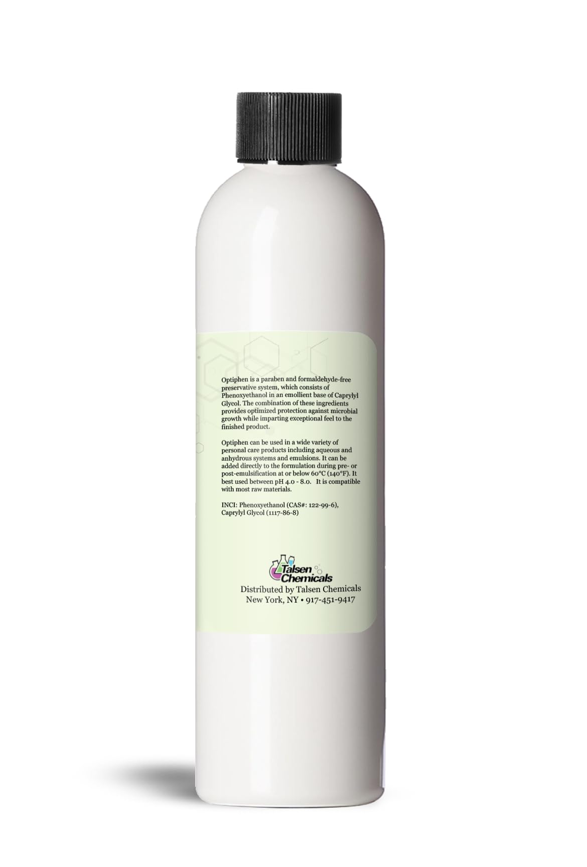 Close-up of Optiphen label from Talsen Chemicals for cosmetics