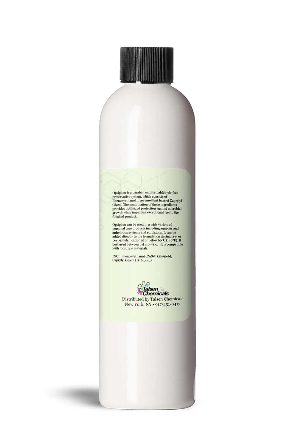 Close-up of Optiphen label from Talsen Chemicals for cosmetics