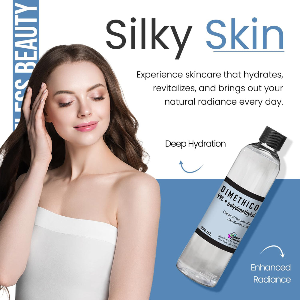 Hand with small amount of dimethicone oil showing silky, non-greasy glide
