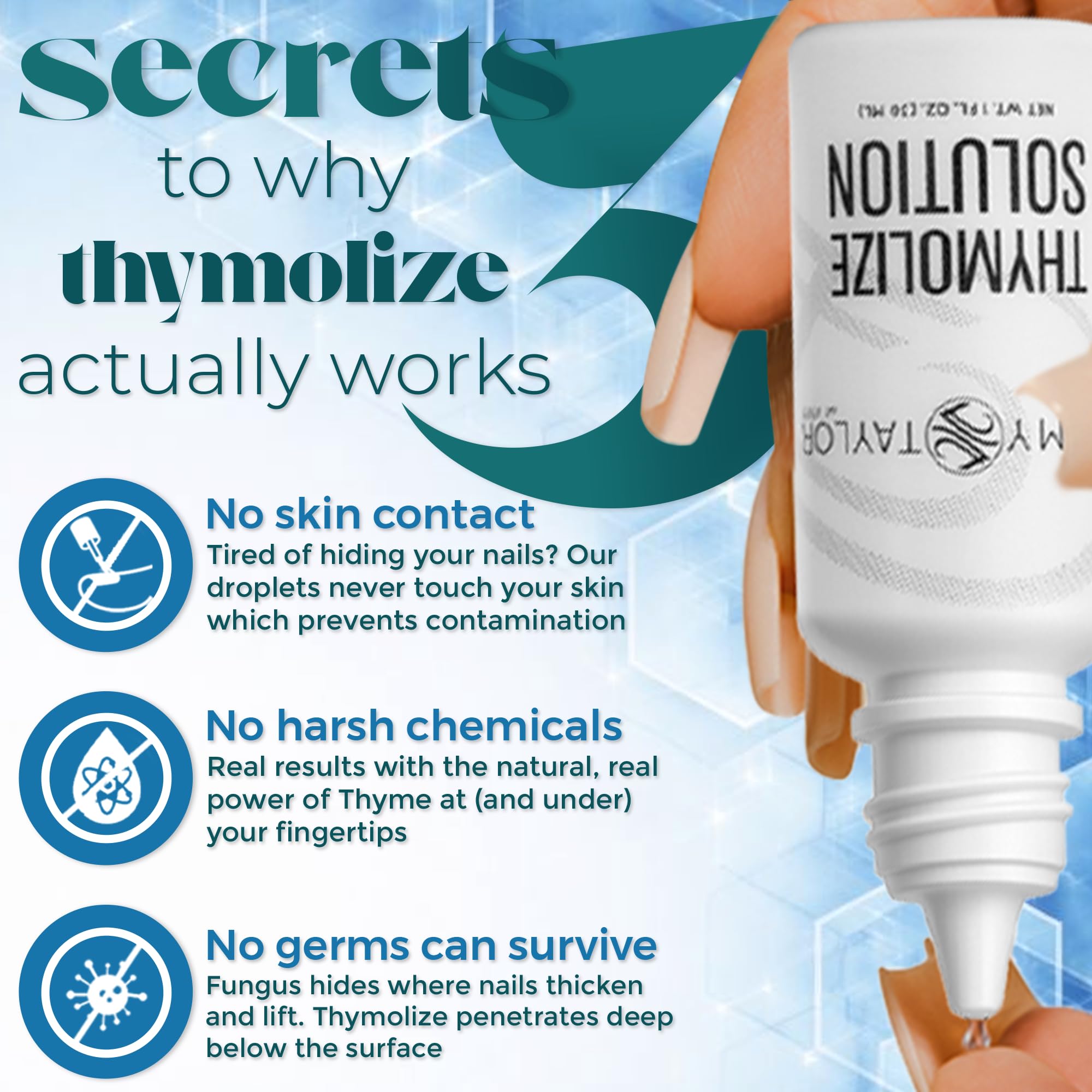 Tammy Taylor Thymolize dropper applying product to the nail edge