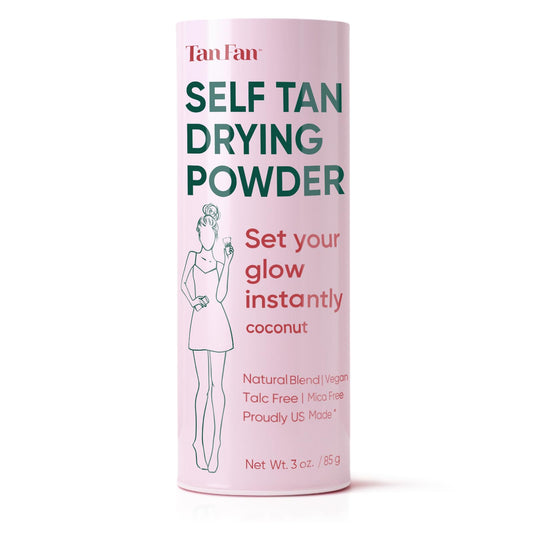Tan Fan Self Tan Drying Powder bottle in a mess-free shaker for easy application