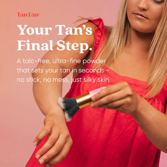 Close-up of Tan Fan shaker dispensing powder for a clean, streak-free finish