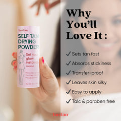 Tan Fan powder gliding smoothly over forearm for silky skin finish