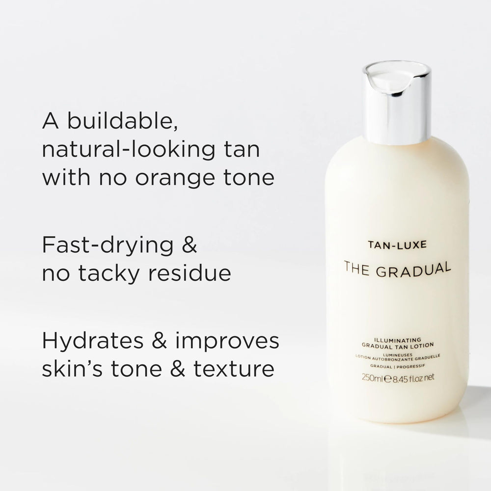 Tan-Luxe Gradual moisturizing application close-up emphasizes easy, streak-free daily use.