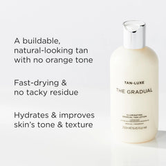 Tan-Luxe Gradual moisturizing application close-up emphasizes easy, streak-free daily use.