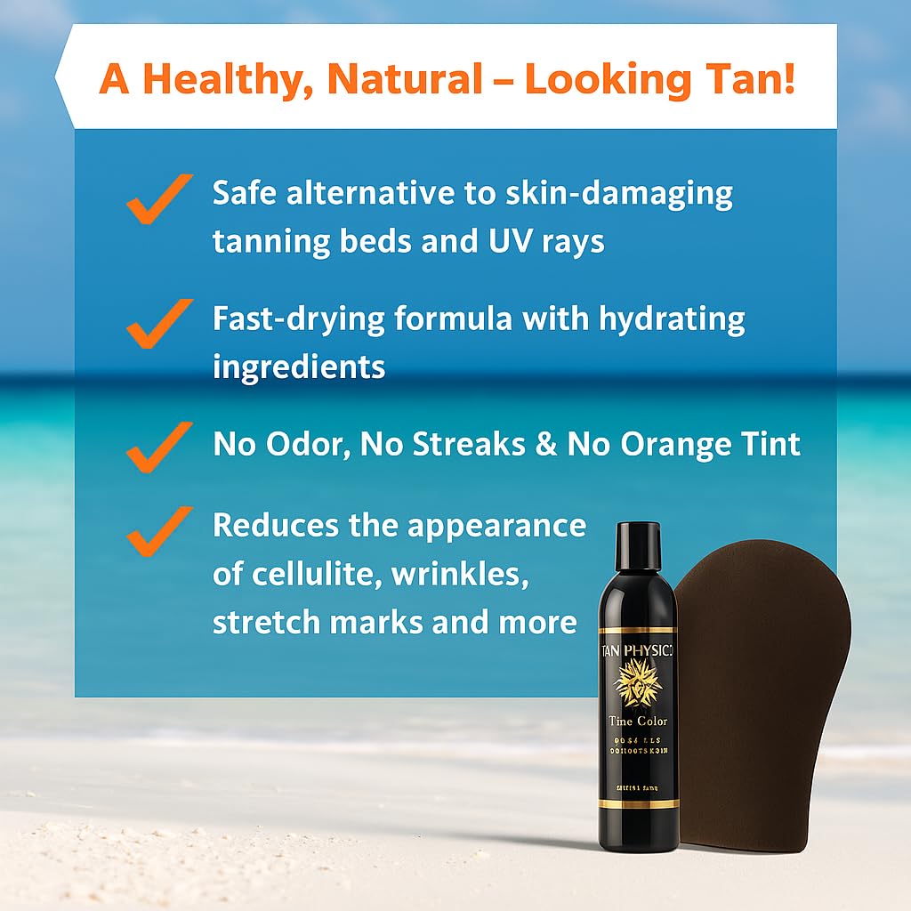 Tan Physics back applicator helps reach hard-to-reach areas for an even glow.