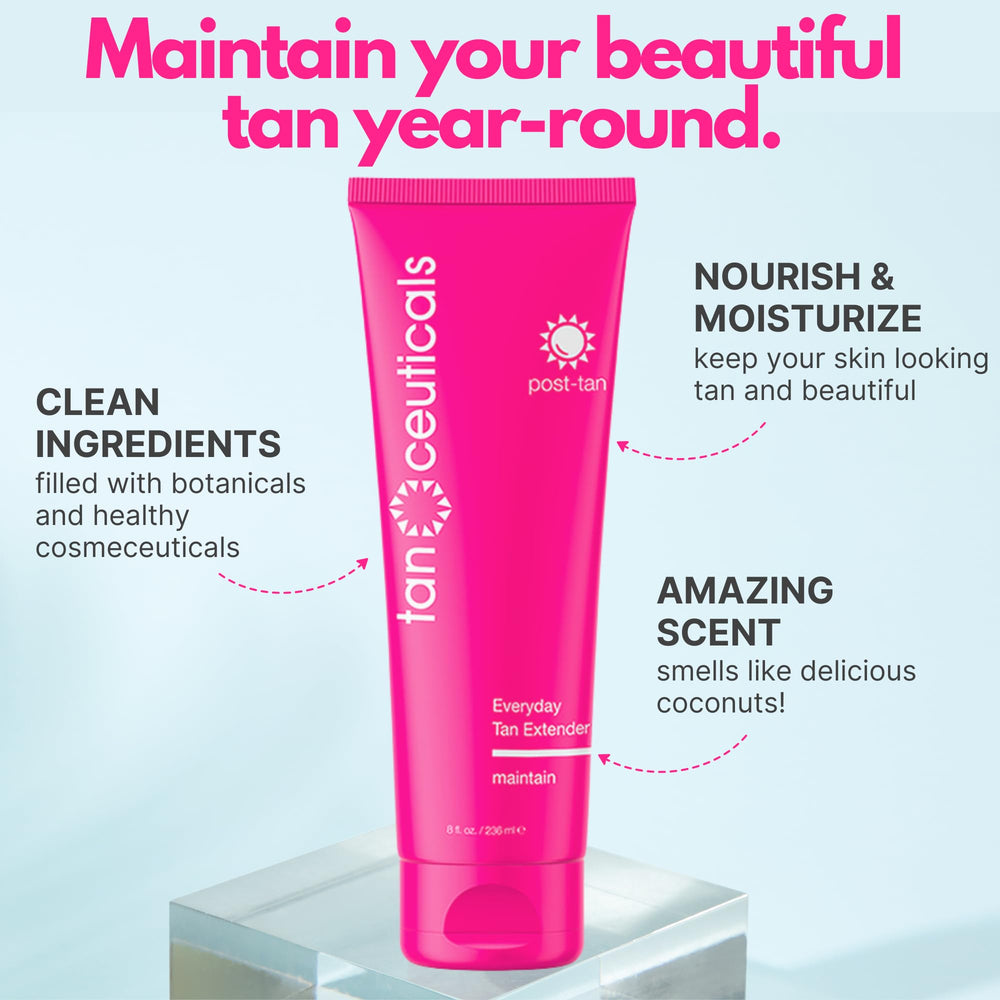 Tanceuticals Everyday Tan Extender lotion pump emphasizes easy daily application and hydration.