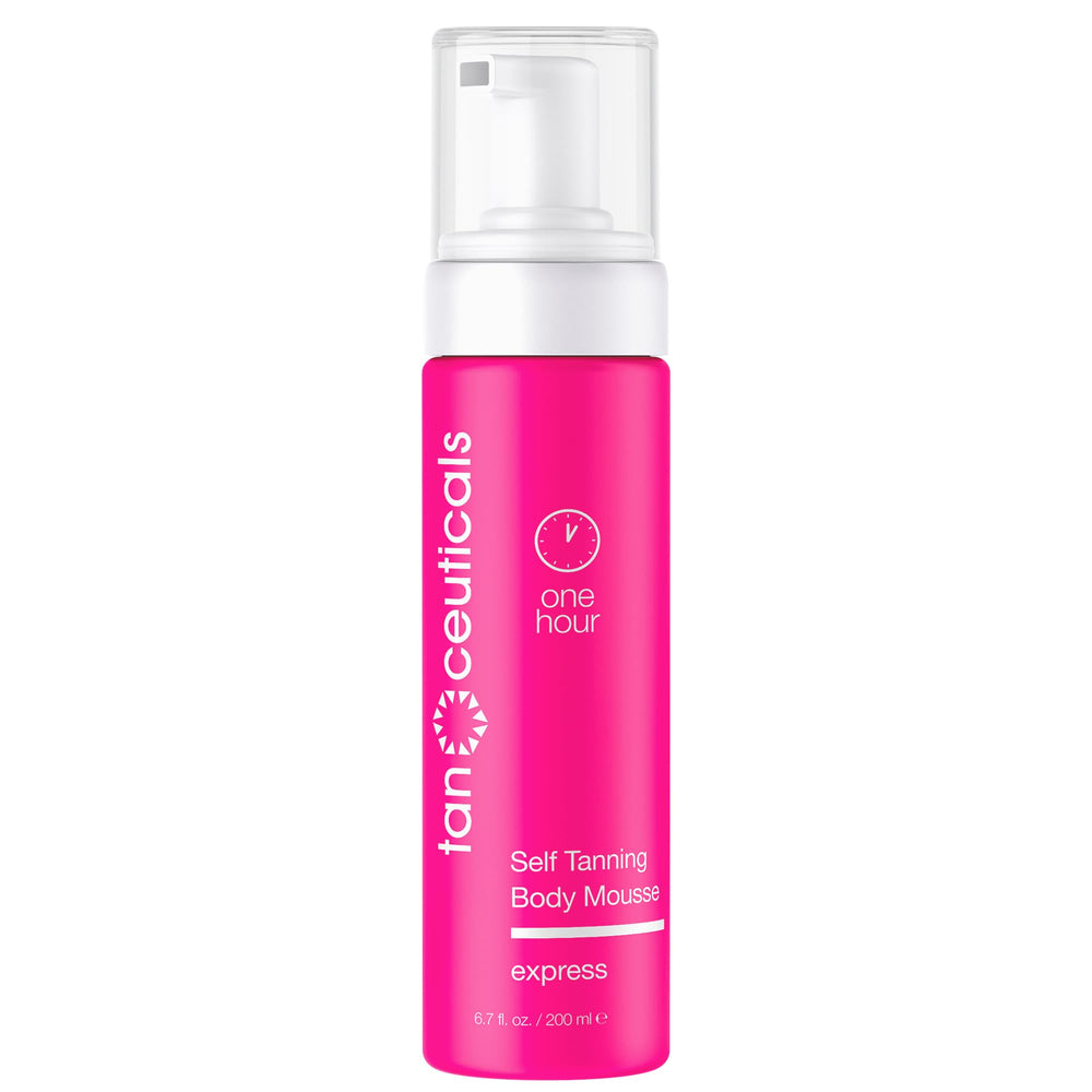Tanceuticals Express self tanning mousse bottle showing easy dispenser for fast application