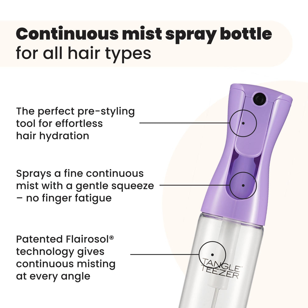 Close-up of continuous mist dispense from Tangle Teezer bottle for hard-to-reach areas