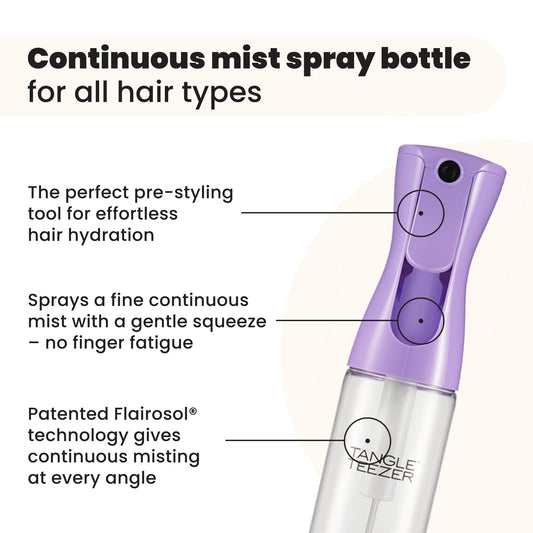 Close-up of continuous mist dispense from Tangle Teezer bottle for hard-to-reach areas