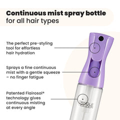 Close-up of continuous mist dispense from Tangle Teezer bottle for hard-to-reach areas