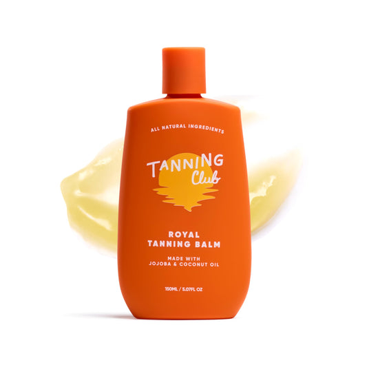 Tanning Club Royal Tanning Balm jar showing hydrating formula for a smooth, even tan