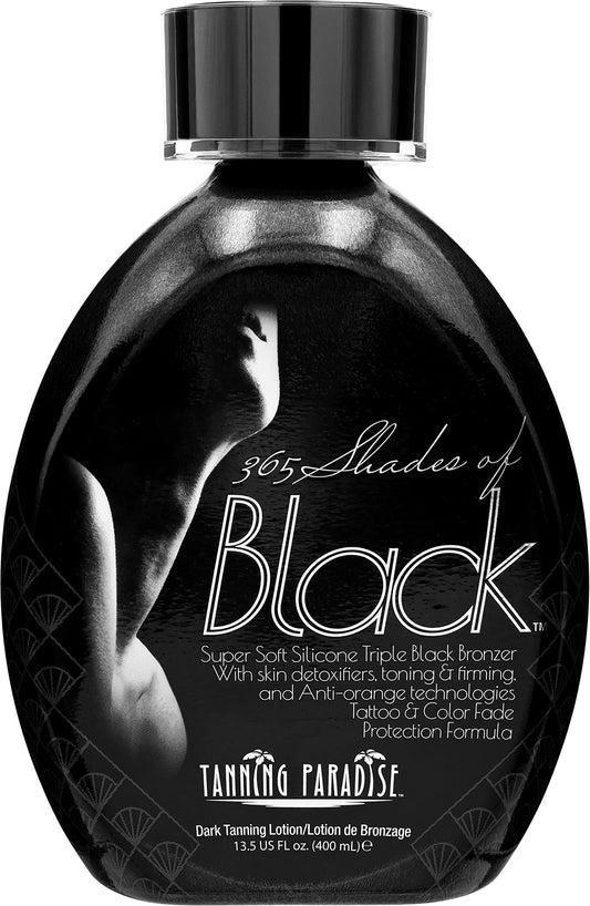 Tanning Paradise bottle showing 365 Shades of Black for deep natural bronze.