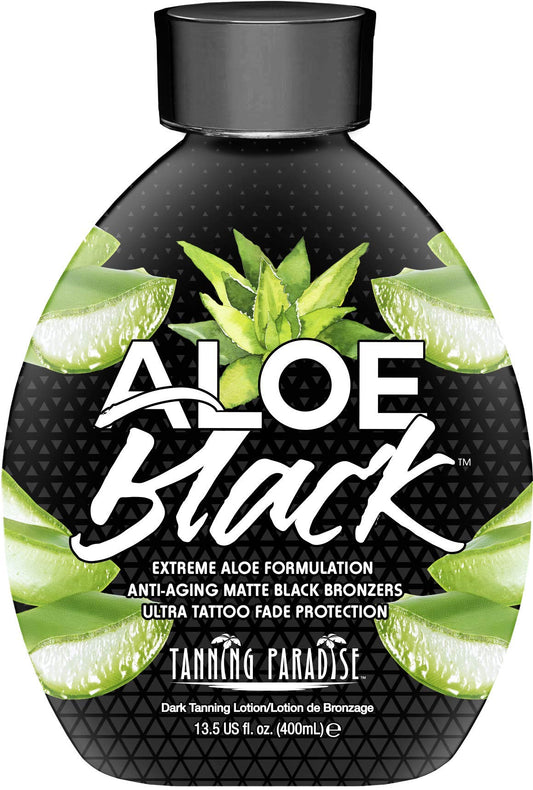 Tanning Paradise Aloe Black Lotion bottle front showing a deep matte bronze glow.