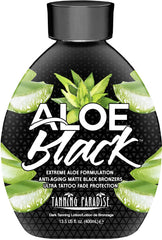 Tanning Paradise Aloe Black Lotion bottle front showing a deep matte bronze glow.