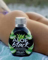 Tanning Paradise Aloe Black Lotion charcoal swatches illustrate oil control and refined pores.