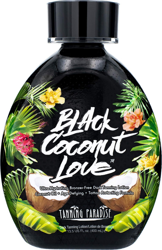 Tanning Paradise Black Coconut Love Lotion bottle, ultra-hydrating with coconut oils for smooth, moisturized skin.