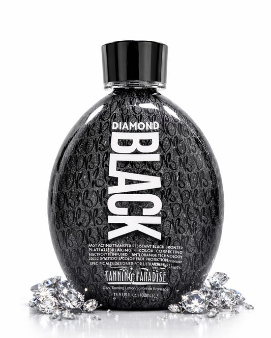 Tanning Paradise Diamond Black bottle closeup for premium indoor tanning formula