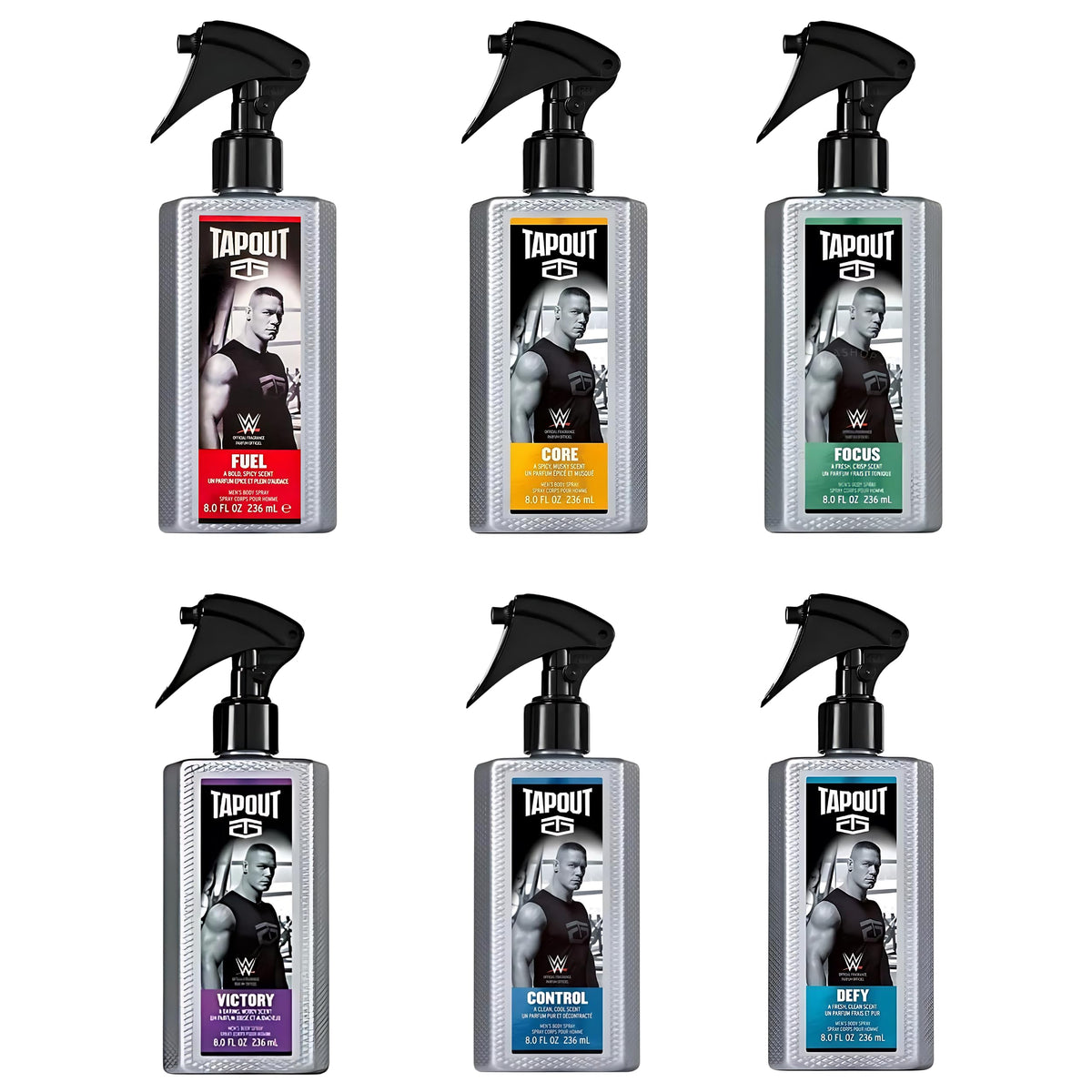 Tapout Core body spray bottle with spicy musky scent for daily wear.