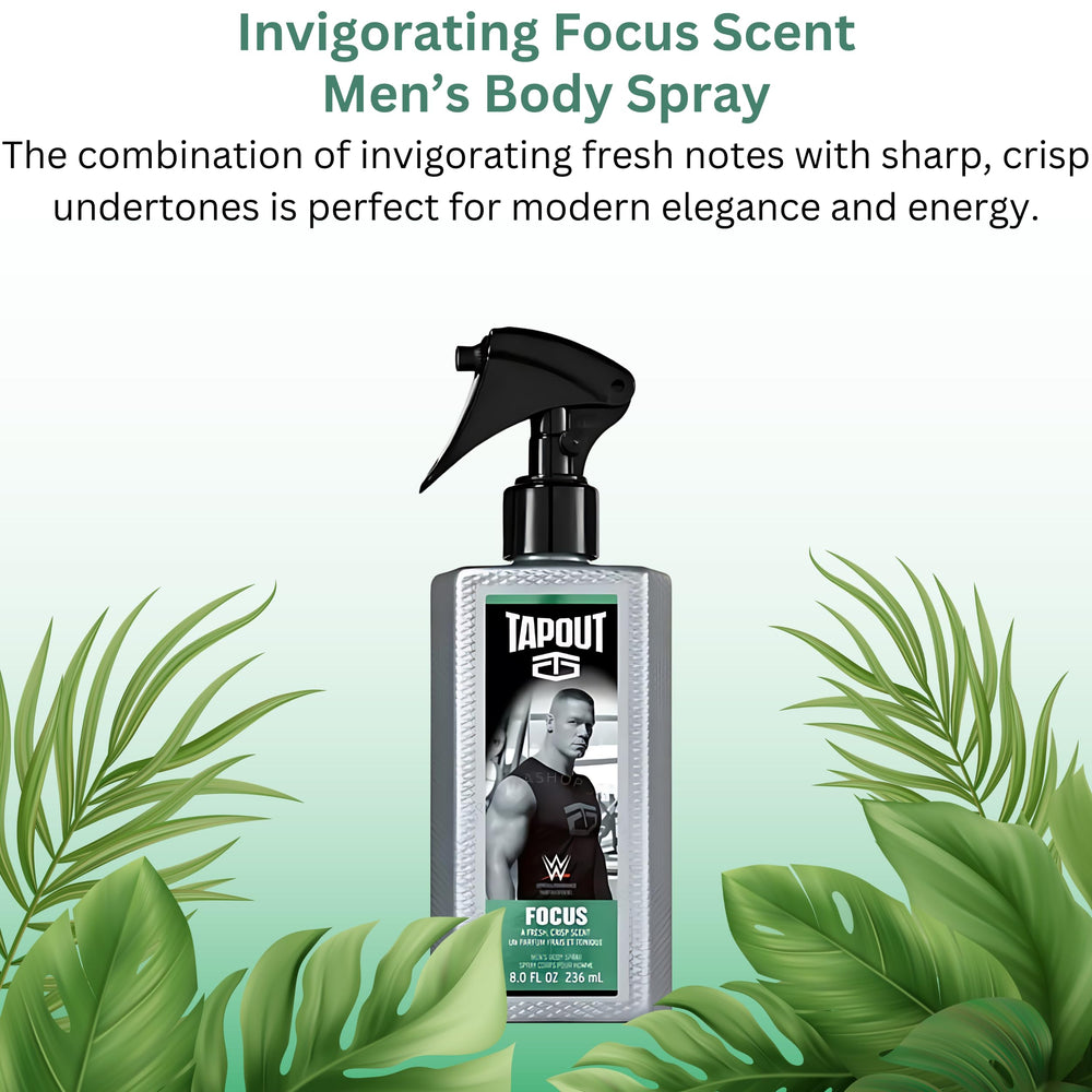 Tapout Focus body spray bottle with fresh crisp scent for focused routines.