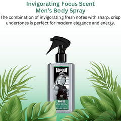 Tapout Focus body spray bottle with fresh crisp scent for focused routines.