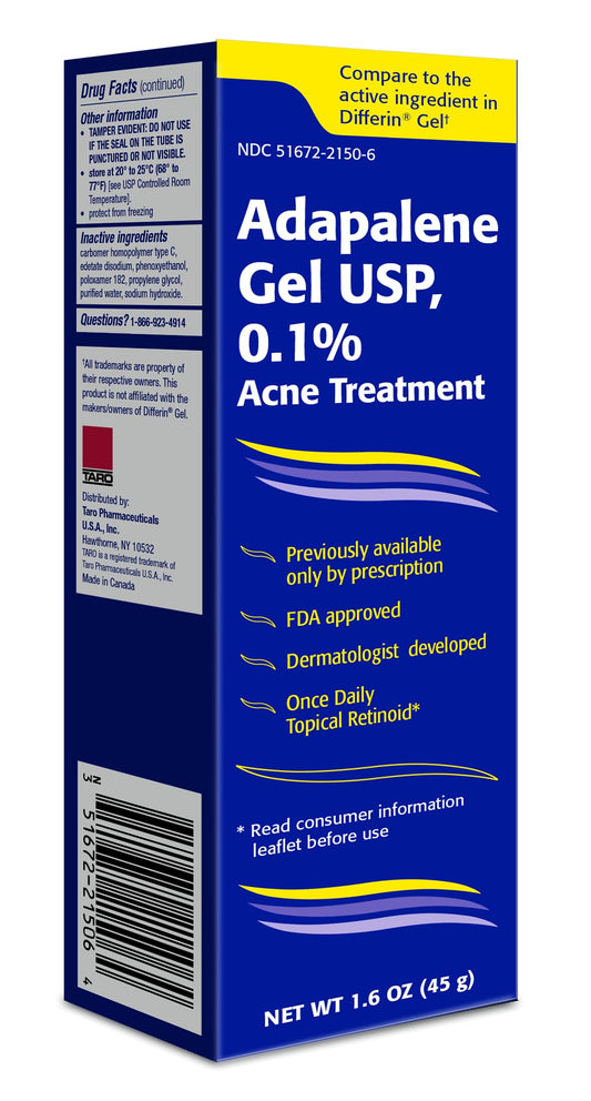 TARO Adapalene 0.1% gel application on skin demonstrates gentle nightly use for blemish-prone areas.